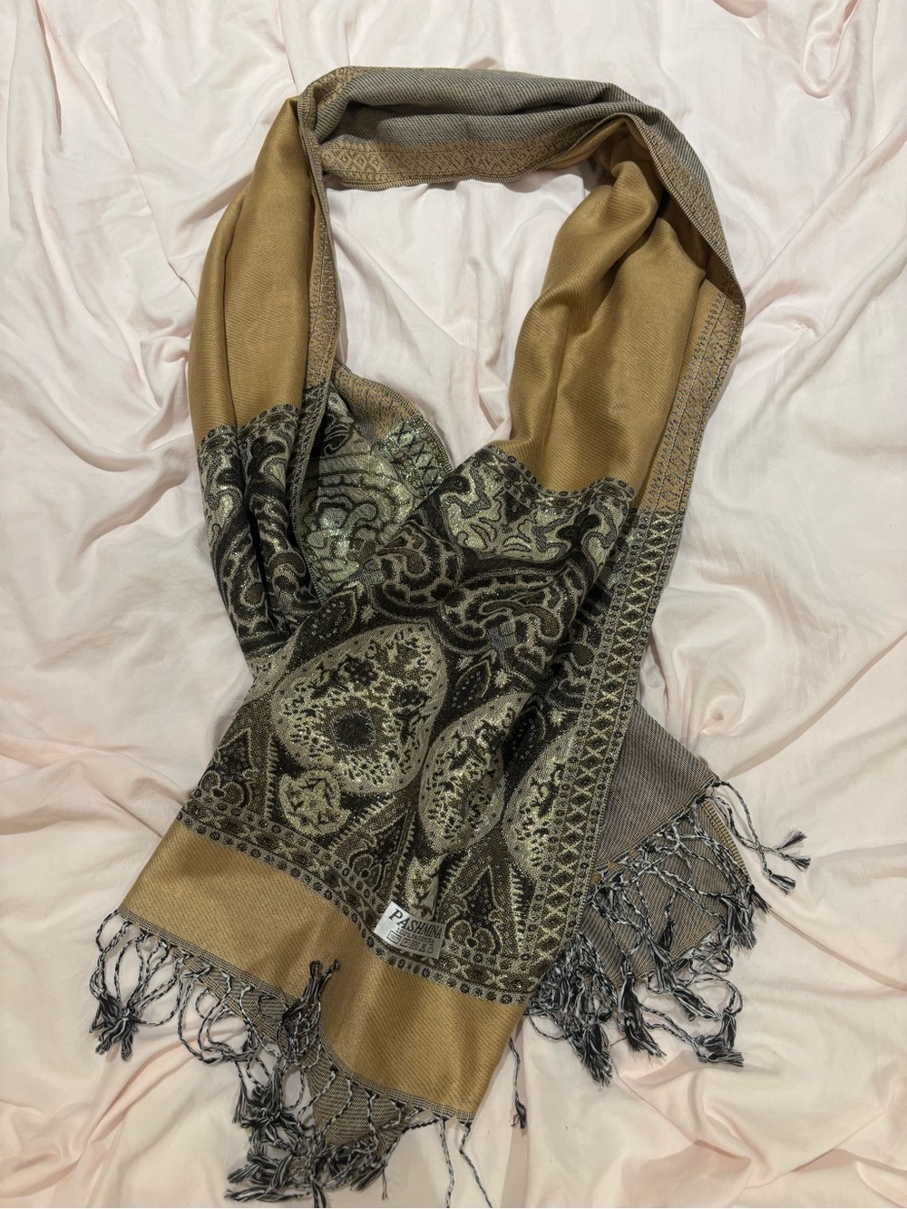 pashmina Tan and Gray Paisley Fringe Wrap